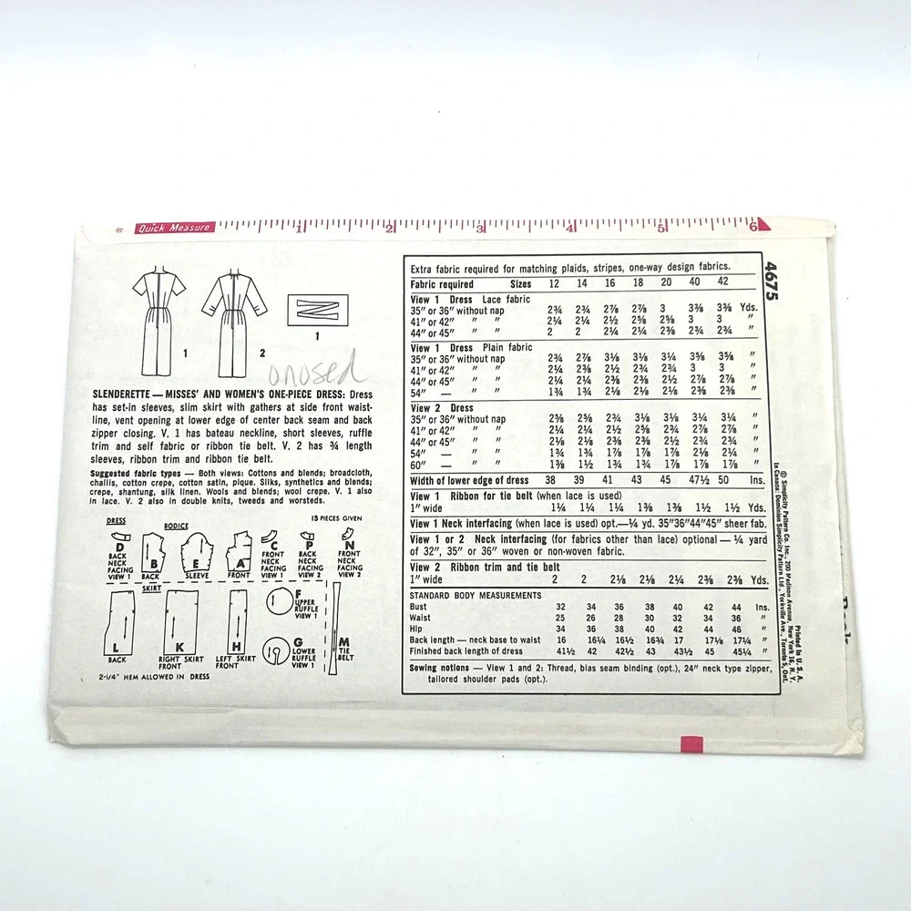 Simplicity Vintage‎ 1950's Pattern #4675 One Piece Slenderette Dress Size 16